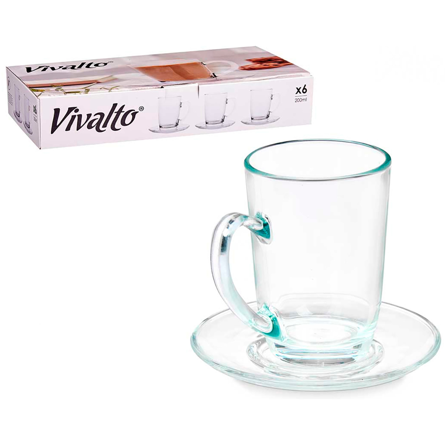 PACK 6 TAZAS VIDRIO CAFE CON LECHE 200ML CON PLATO