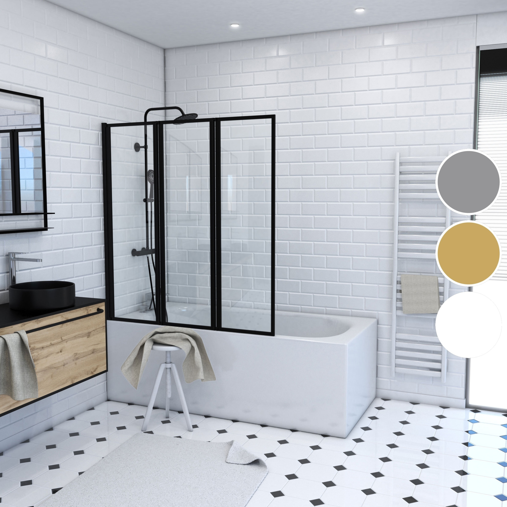 Pare baignoire Pivotant 3 Volets Noir Mat - 125x143 cm - Verre Trempé 4 mm - ZAGGY DARK