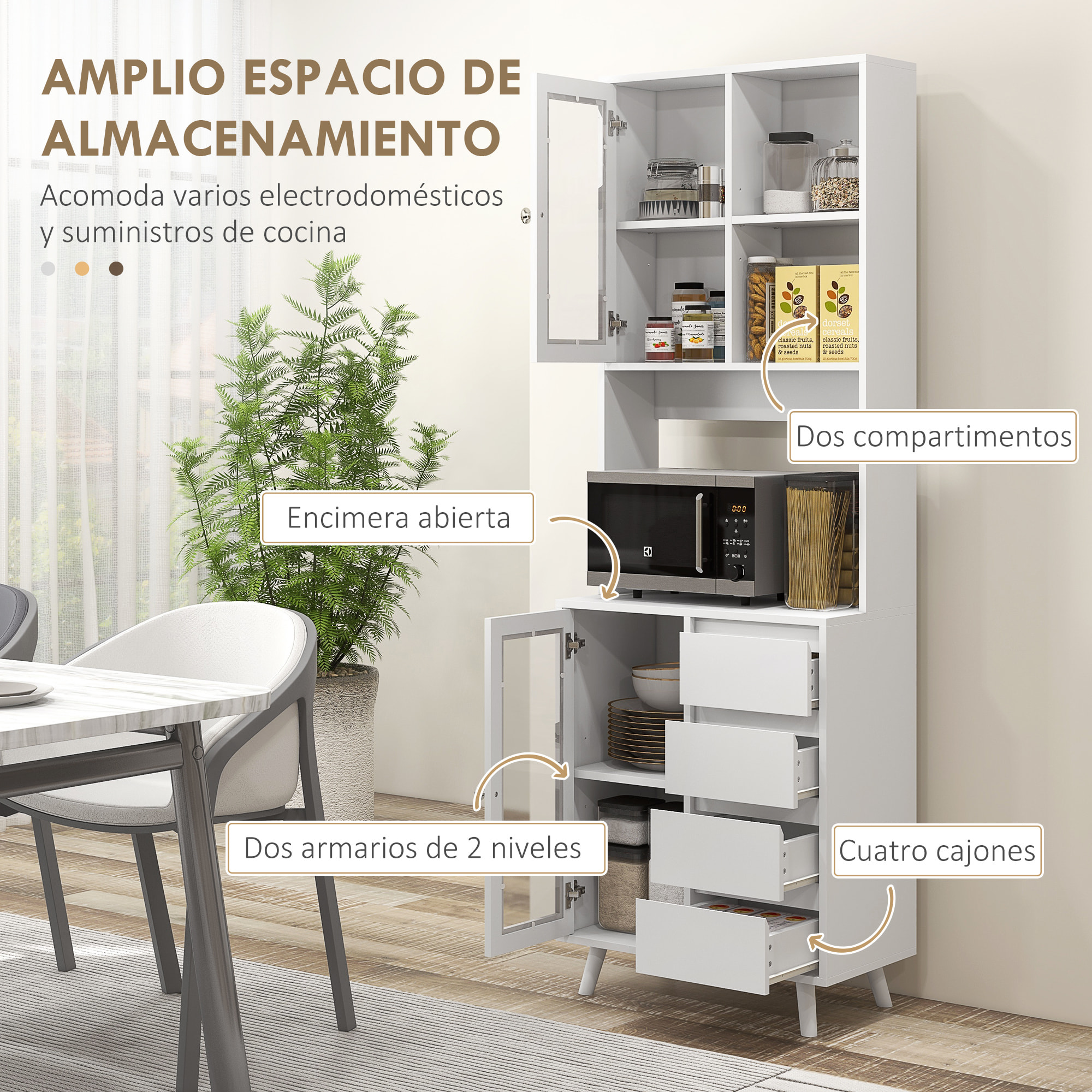 Alacena de Cocina Armario de Cocina Buffet Aparador con 2 Puertas de Vidrio Compartimentos Abiertos 4 Cajones y Estantes Ajustables 60x35x180 cm Blanco