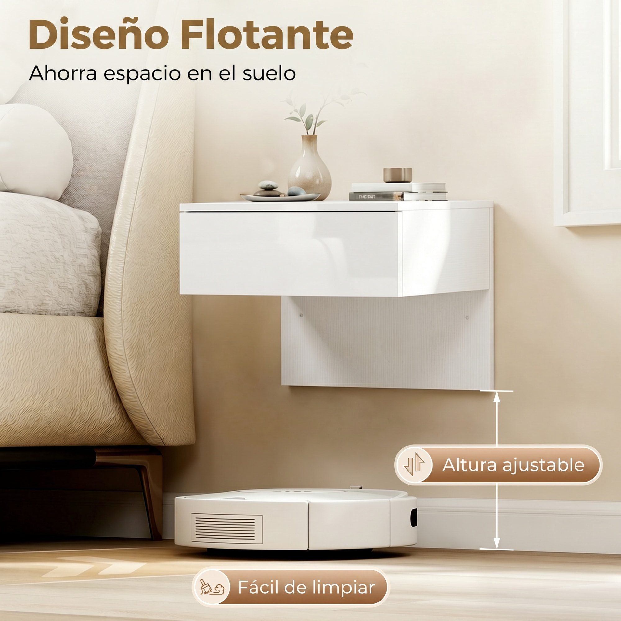 Juego de 2 Mesitas de Noche Flotantes con Cajón, Mesillas de Noche, Montado en la Pared, Diseño Moderno, para Dormitorio, 40x35x36,2 cm, Blanco Brillo