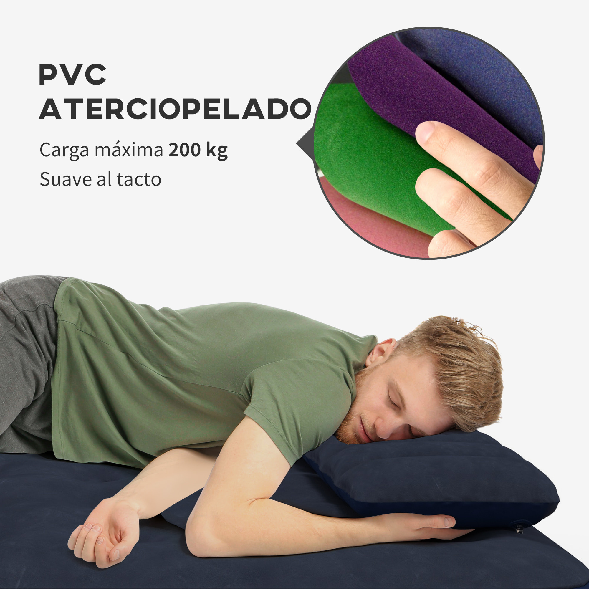 Colchón Hinchable Doble 191x137x22 cm con Inflador Manual Colchón Inflable Plegable con 2 Almohadas Integradas Superficie Flocado para Huéspedes Hogar Viajes Camping