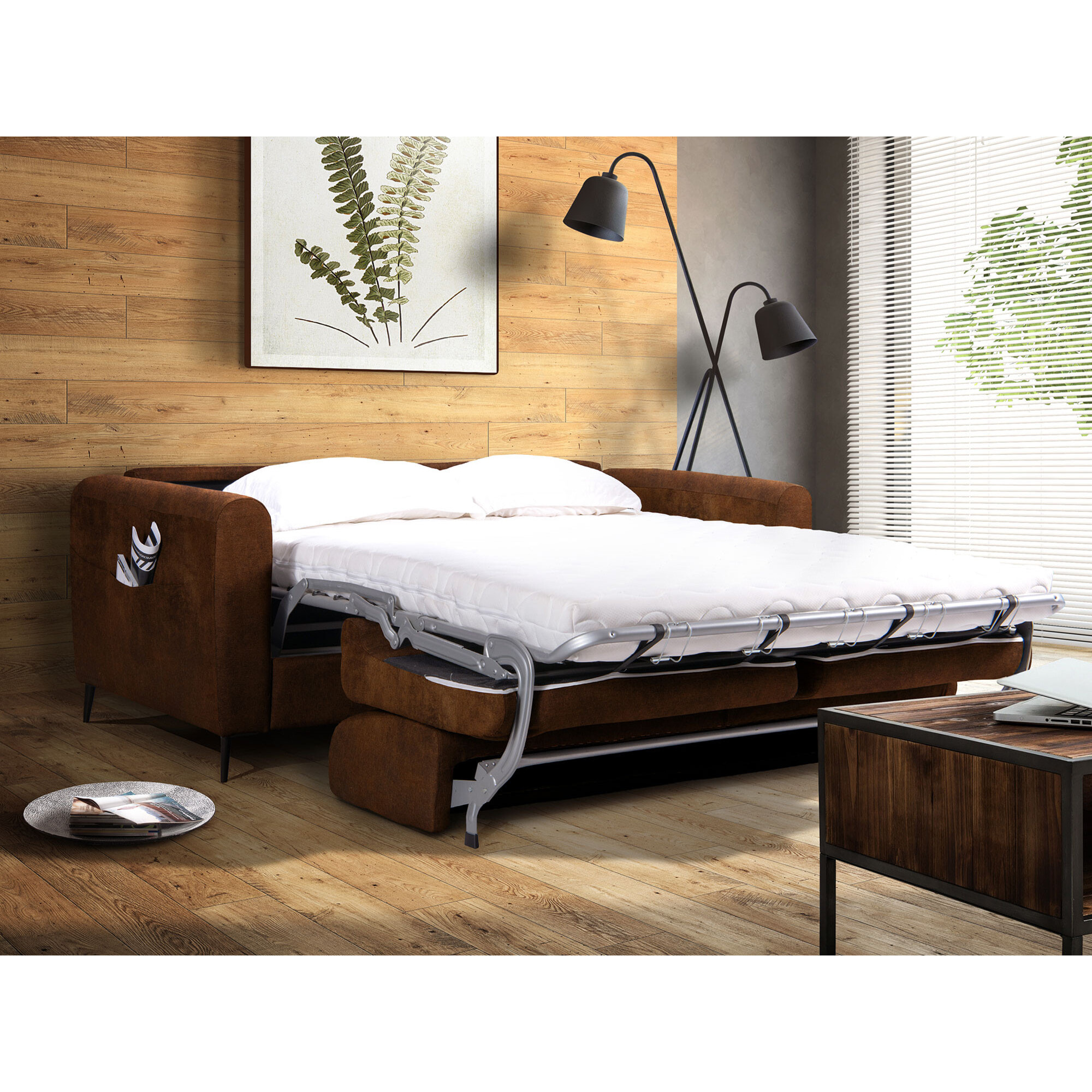 Allan - canapé lit 3 places convertible express couchage quotidien 140 cm matelas 12 cm en microfibre - Marron