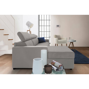 Divano fisso Eliana, Divano ad angolo, 100% Made in Italy, Sofà Soggiorno con chaise longue, in tessuto imbottito - Penisola contenitore Sinistra, con Braccioli slim, Cm 280x95h85, Grigio