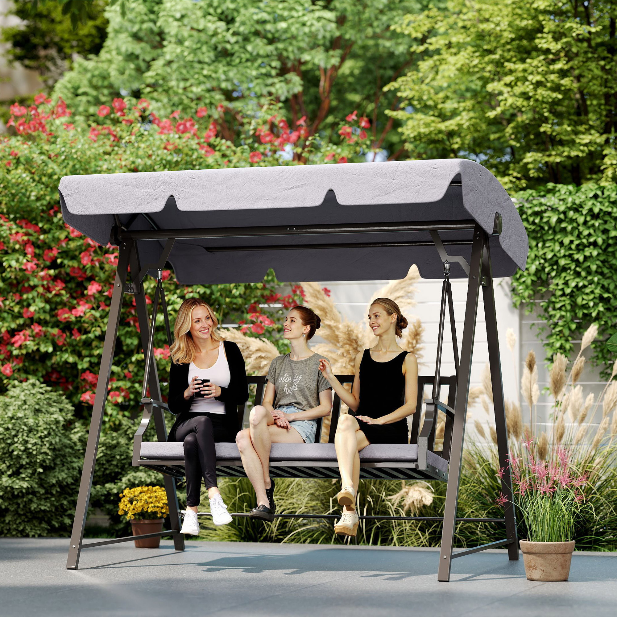 Columpio de Jardín Exterior de 3 Plazas Balancín de Jardín Exterior con Toldo Ajustable Cojín y Estructura de Acero Carga 360 kg 205x133x181 cm Gris