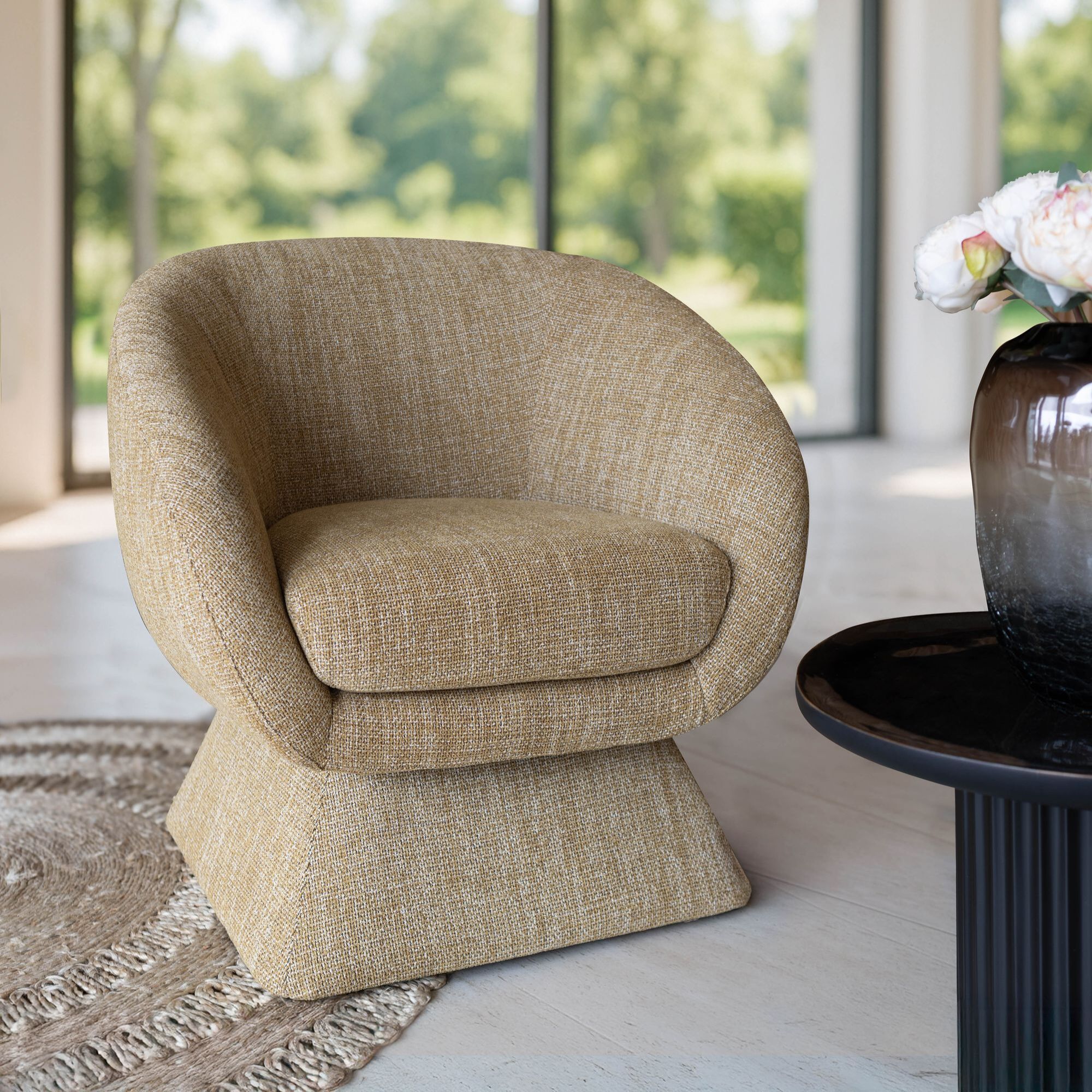 Fauteuil pivotant en tissu tweed ocre chiné SIXTIES