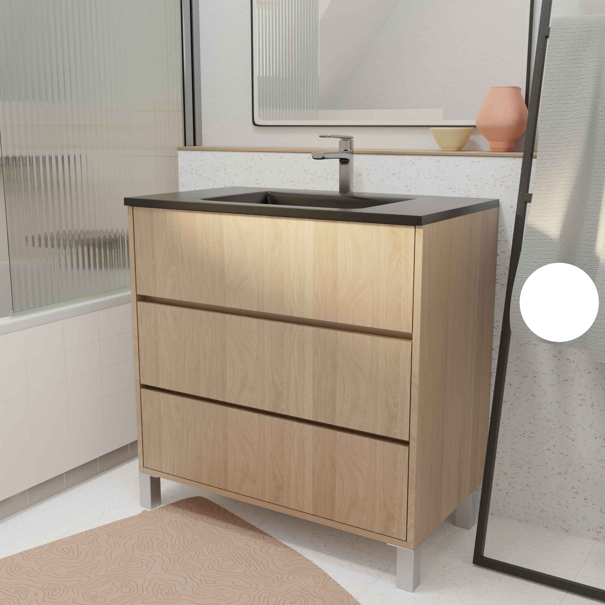 Meuble de salle de bains 80 cm 3 Tiroirs Chêne Clair + Vasque Céramique Noire - XENOS