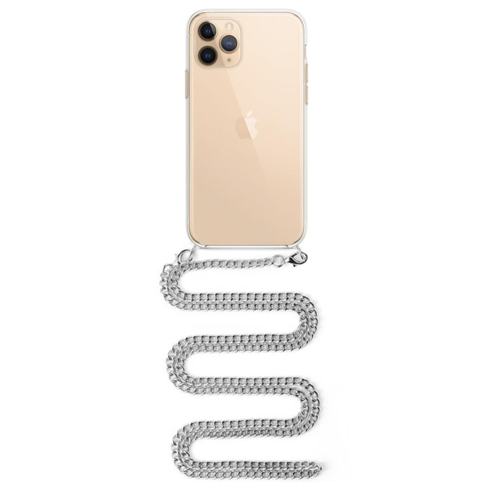 Carcasa transparente iPhone 11 Pro Max con colgante cadena metálica. Accesorio de moda, ajuste perfecto y máxima protección