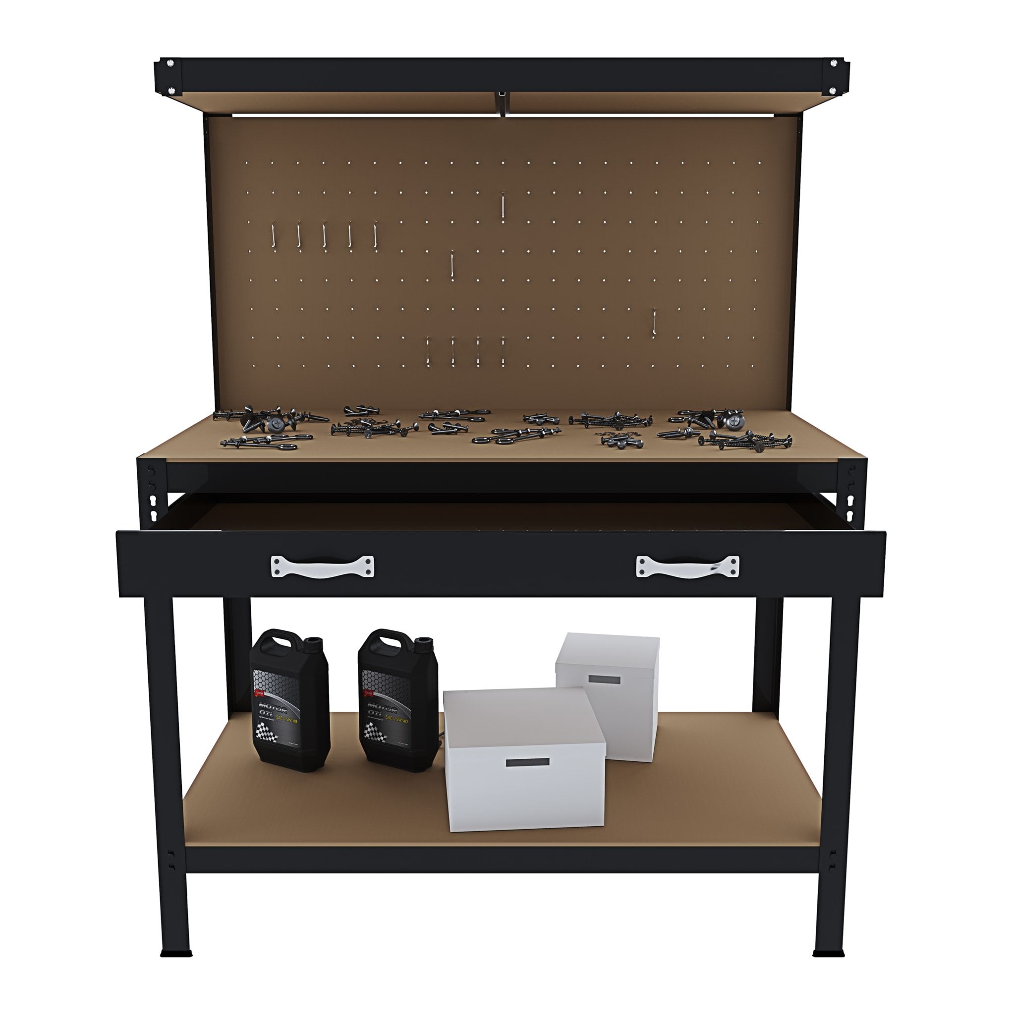 Banco Tavolo Da Lavoro 3 Livelli 120 x 60 Cm Max 370 Kg Cassetto Parete Pannello Forato Porta Attrezzi Utensili Garage Officina Cantina Magazzino Nero