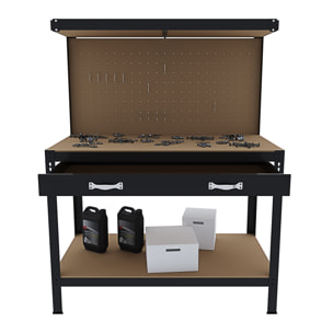 Banco Tavolo Da Lavoro 3 Livelli 120 x 60 Cm Max 370 Kg Cassetto Parete Pannello Forato Porta Attrezzi Utensili Garage Officina Cantina Magazzino Nero