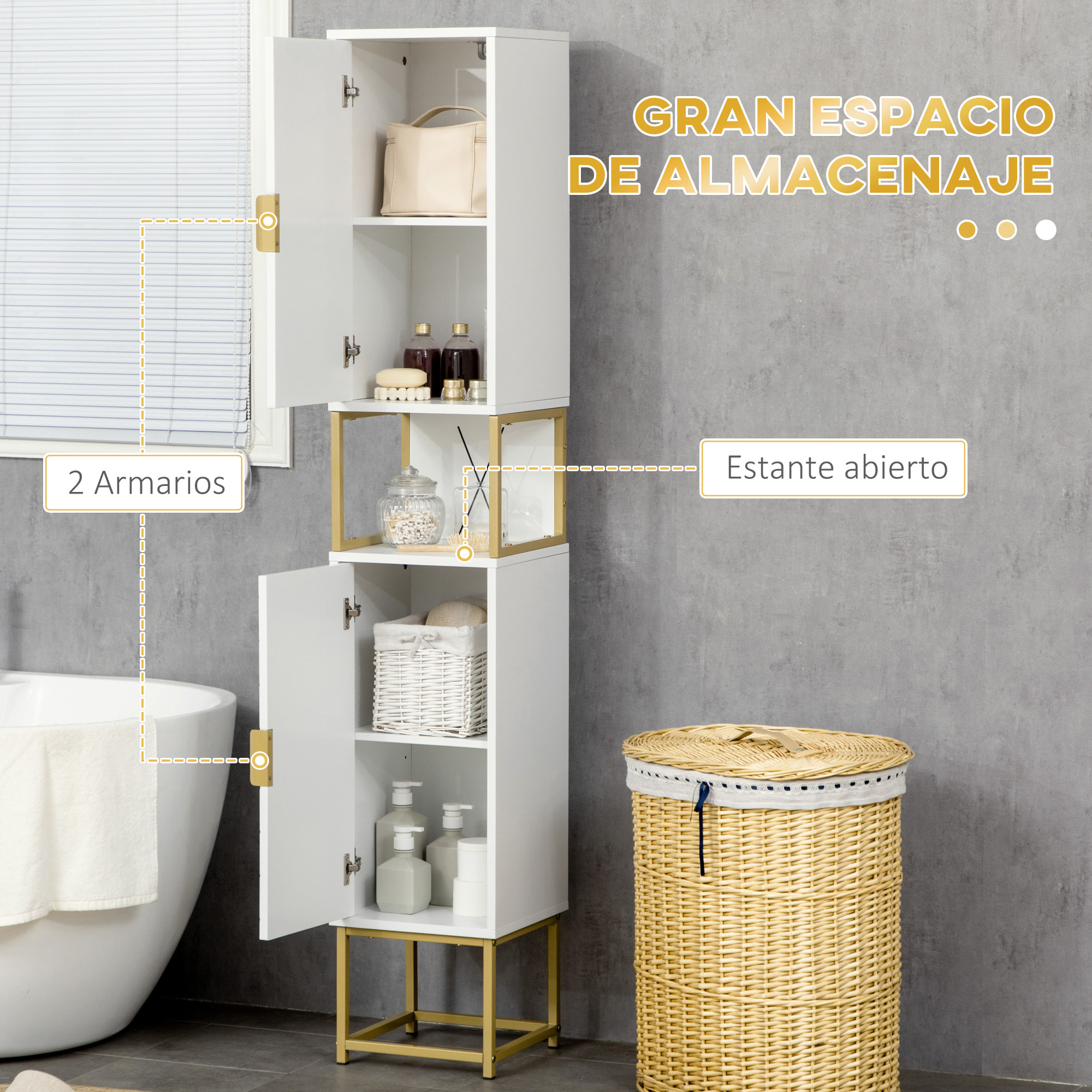 Columna de Baño Mueble Auxiliar de Baño Armario de Baño con 2 Puertas Compartimiento y Estantes Ajustables Antivuelco Estilo Moderno 30x30x170,7 cm Blanco