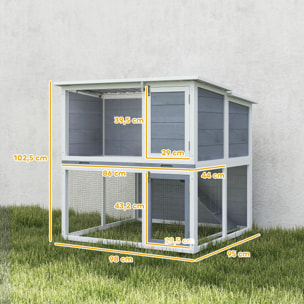 Clapier lapin extérieur 2 étages toit double ouverture bois gris