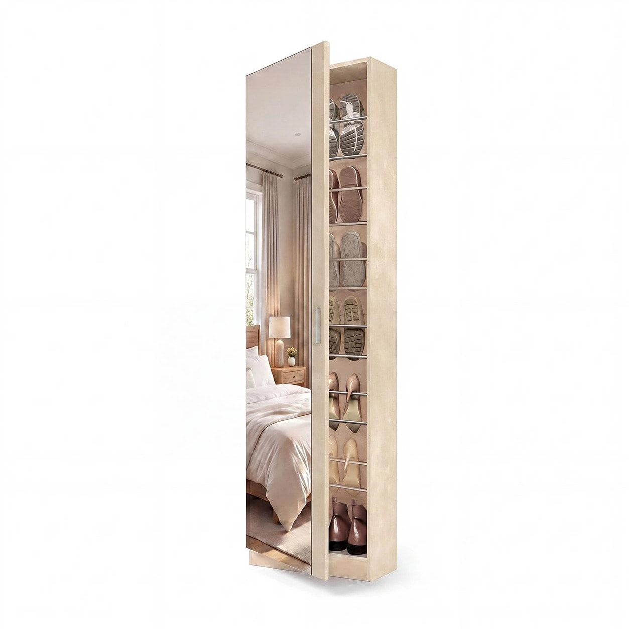 Zapatero alto de 1 puerta con espejo en microcemento beige 180x50 cm Roma Microcemento Beige