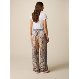 Oltre - Pantaloni palazzo in raso fantasia - Azzurro