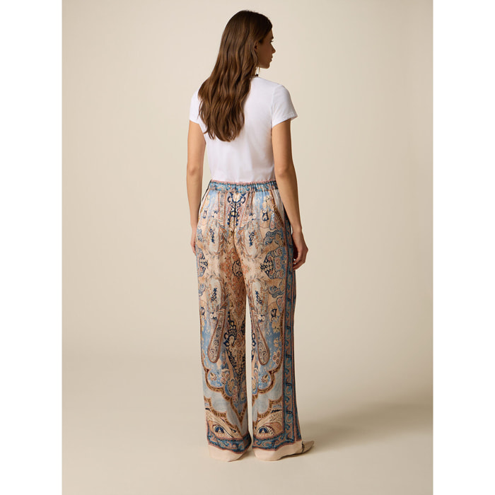 Oltre - Pantaloni palazzo in raso fantasia - Azzurro