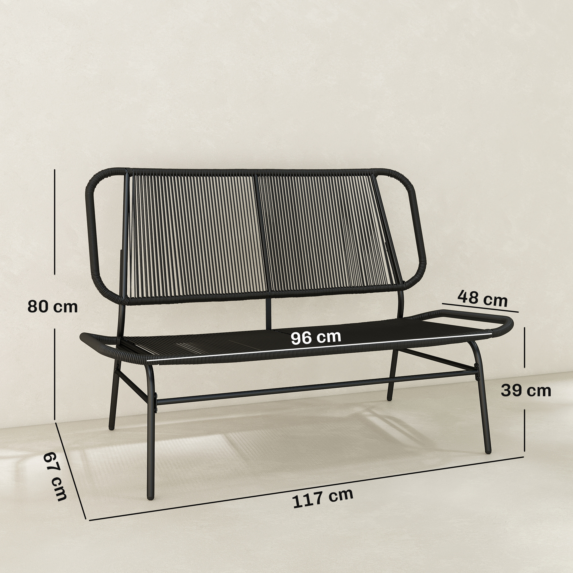 Sofá Exterior de Ratán de 2 Plazas, Sofá de Jardín Exterior con Asiento y Respaldo Tejidos de Ratán PE, Estructura de Acero, Carga 240 kg, para Balcón, Porche, Patio, Negro