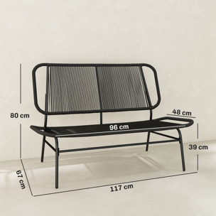 Sofá Exterior de Ratán de 2 Plazas, Sofá de Jardín Exterior con Asiento y Respaldo Tejidos de Ratán PE, Estructura de Acero, Carga 240 kg, para Balcón, Porche, Patio, Negro