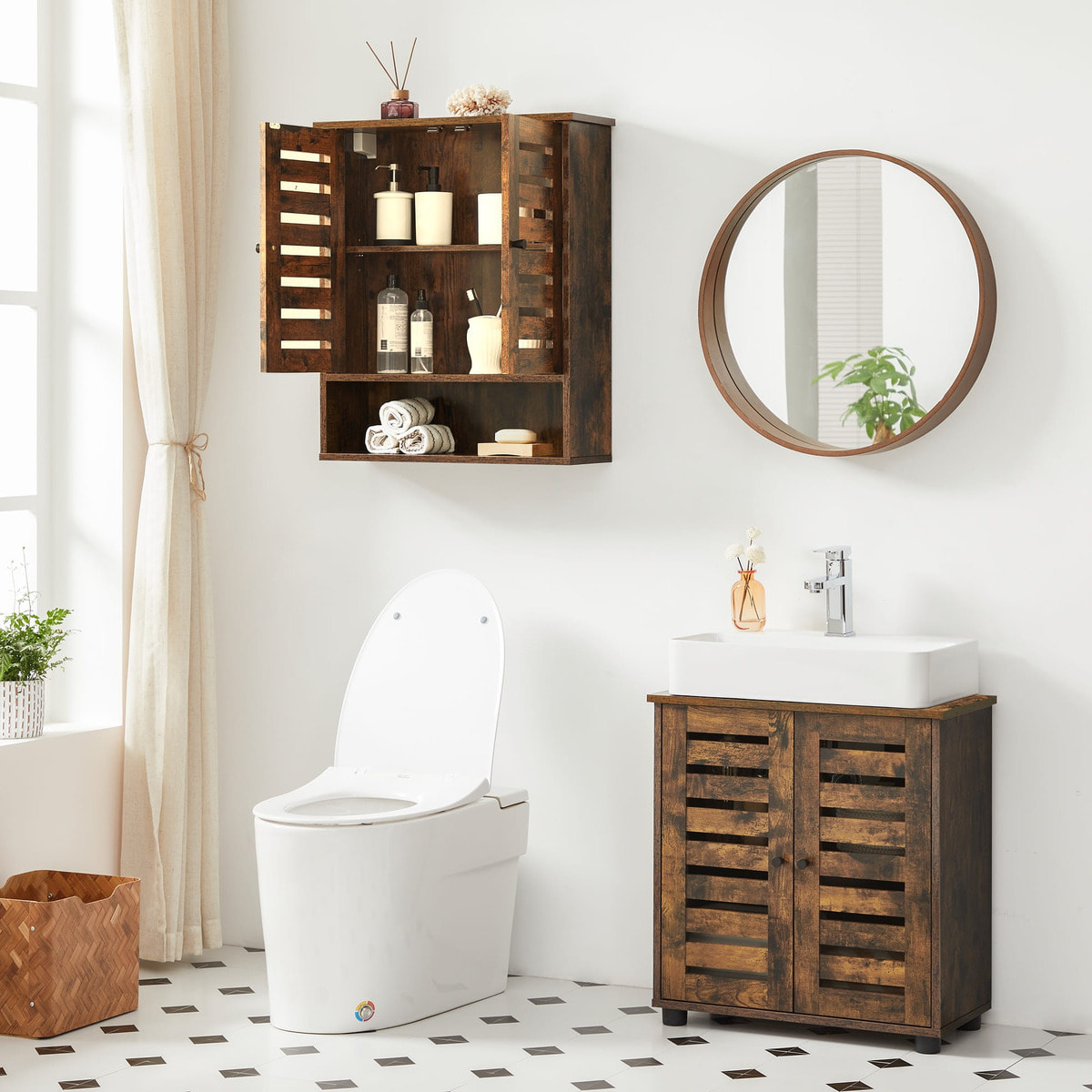 Mobiletto pensile da bagno in legno rustico con ripiano aperto