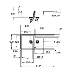 GROHE Évier à encastrer réversible K400 - noir granite - 116 x 50 cm