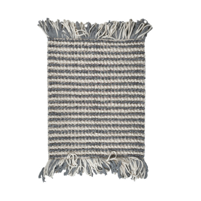 Tapis 60 x 80 cm tissu texturé petits pompons avec franges bicolores - MARINE