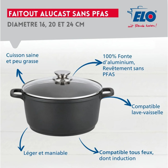 Set de 3 faitouts 16 cm 20 cm et 24 cm sans PFAS avec couvercles en verre Elo Alucast