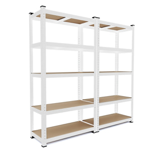 Set di 2 Scaffali In Metallo e MDF - Alta Portata Fino a 875 kg - 5 Ripiani Per Garage Officina Cantina Magazzino - Modulare - Bianco - 180x90x40 cm