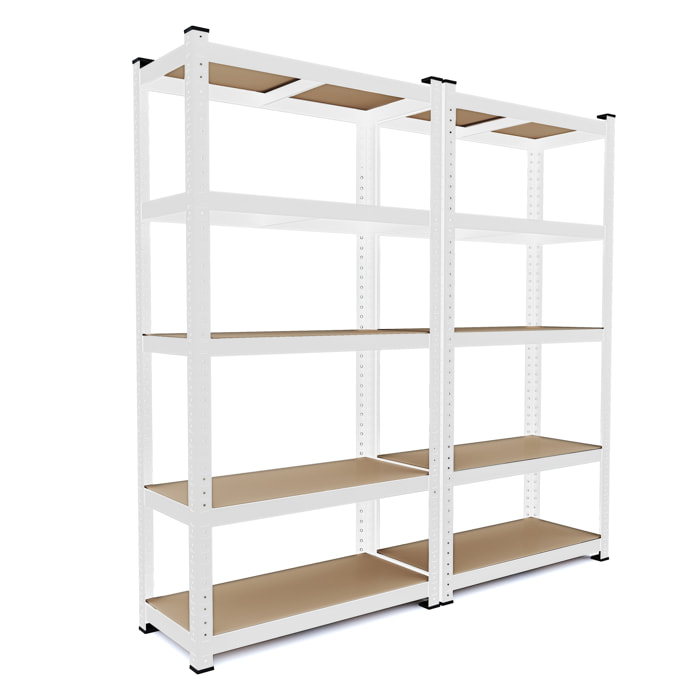 Set di 2 Scaffali In Metallo e MDF - Alta Portata Fino a 875 kg - 5 Ripiani Per Garage Officina Cantina Magazzino - Modulare - Bianco - 180x90x40 cm