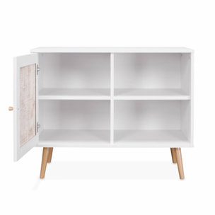 Meuble de rangement en cannage 80x39x65.8cm  Bohème - Blanc -  2 niveaux - 1 porte -  pieds scandinaves. buffet bas