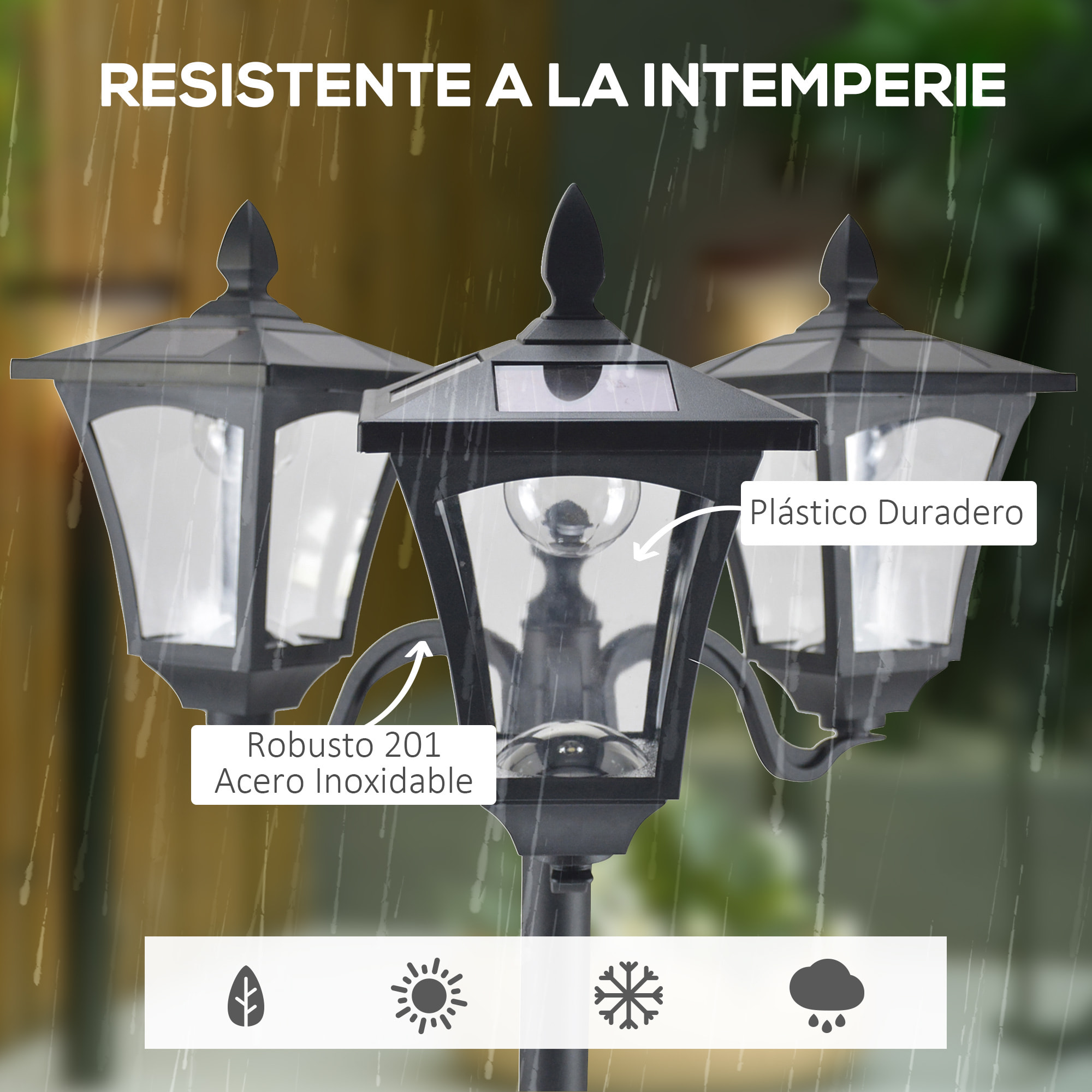 Conjunto de 2 Farolas Solares de Exterior Luces Solares de Pie con 3 Luces LED Impermeable IP44 para Camino Terraza Patio 51,5x47x182,5 cm Negro