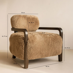 Fauteuil effet fourrure marron et structure en bois  YACK