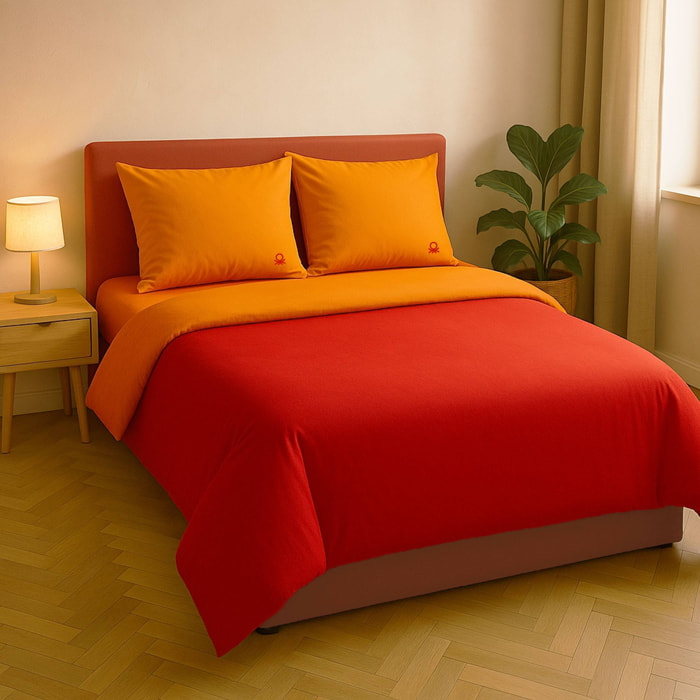 Set de cama 150 - 160 cm 100% algodón - funda nórdica reversible 200x220 + sábana bajera 150 - 160x200+30cm + 2x funda de almohada 50x70cm - rojo y naranja rainbow benetton