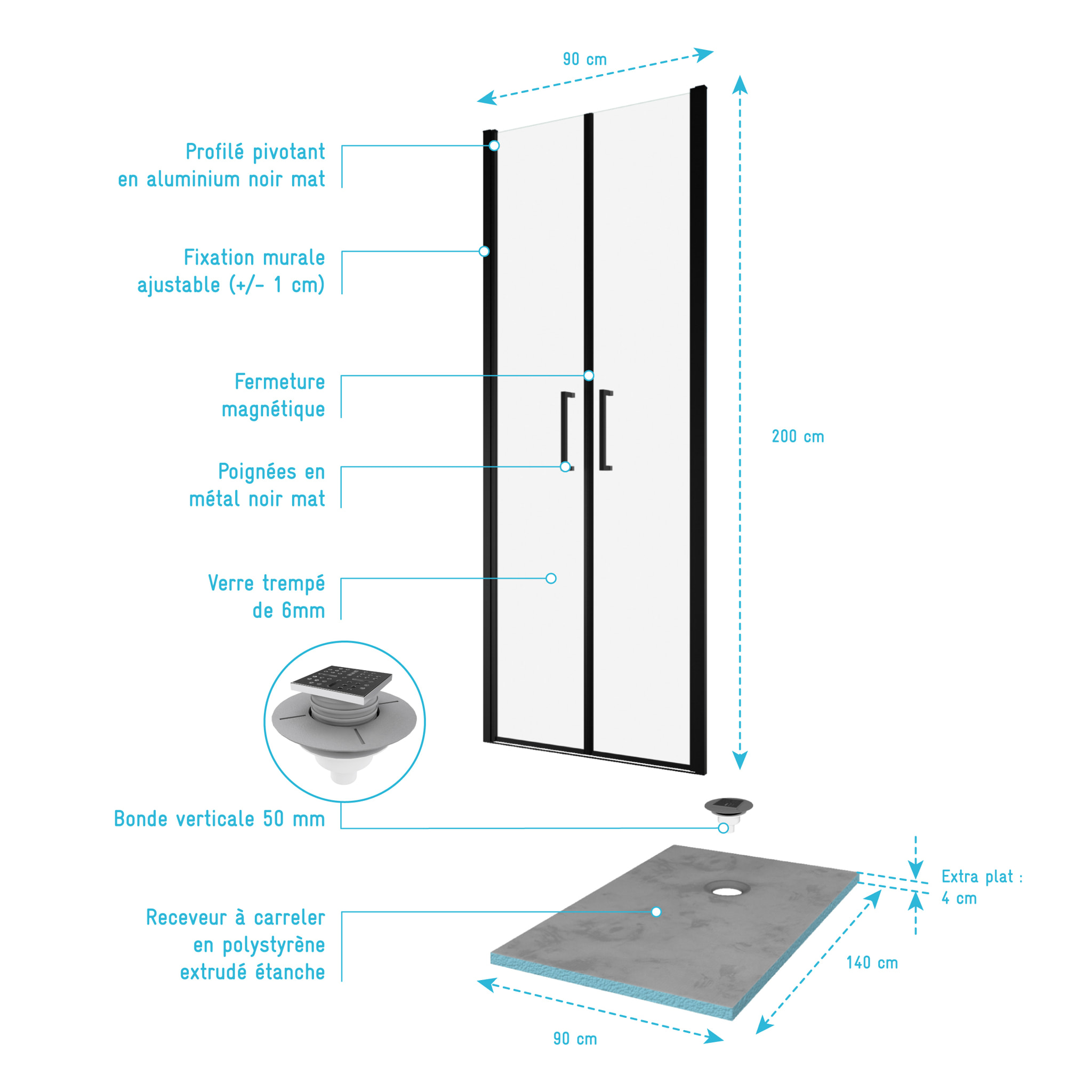 Pack Paroi de douche 90x200 cm + RECEVEUR DE DOUCHE A CARRELER 90x140 RECOUPABLE
