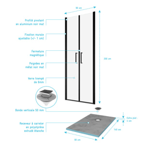 Pack Paroi de douche 90x200 cm + RECEVEUR DE DOUCHE A CARRELER 90x140 RECOUPABLE