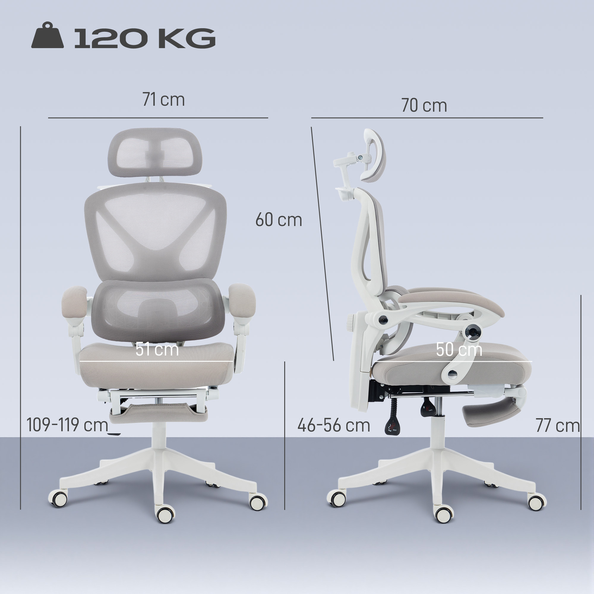 Silla de Escritorio de Malla Silla de Oficina Reclinable con Reposacabezas Soporte Lumbar Reposapiés y Altura Regulable Función de Basculante Carga 120 kg Gris Claro