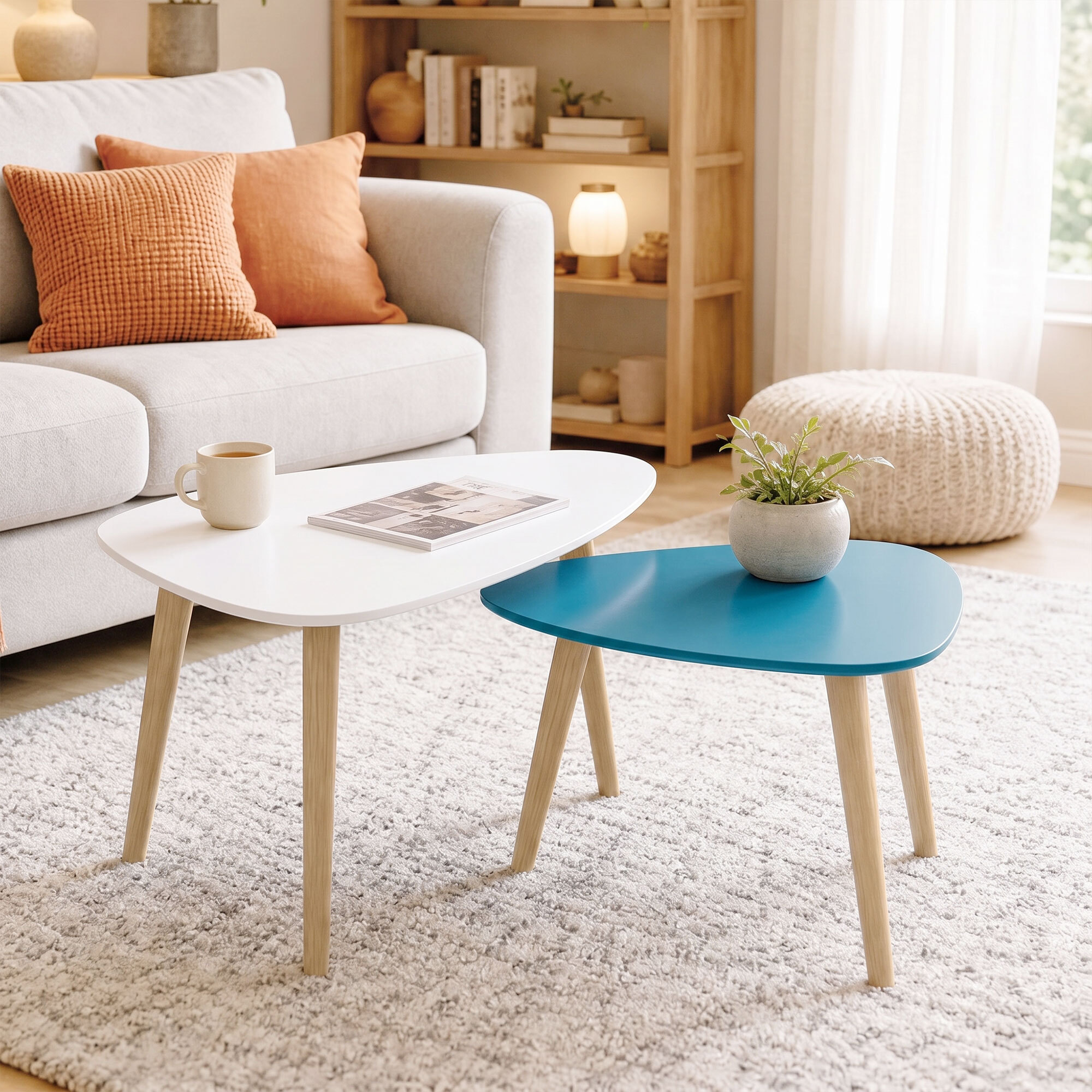 Lot de 2 tables basses gigognes design scandinave forme triangle de reuleaux bois MDF bleu blanc