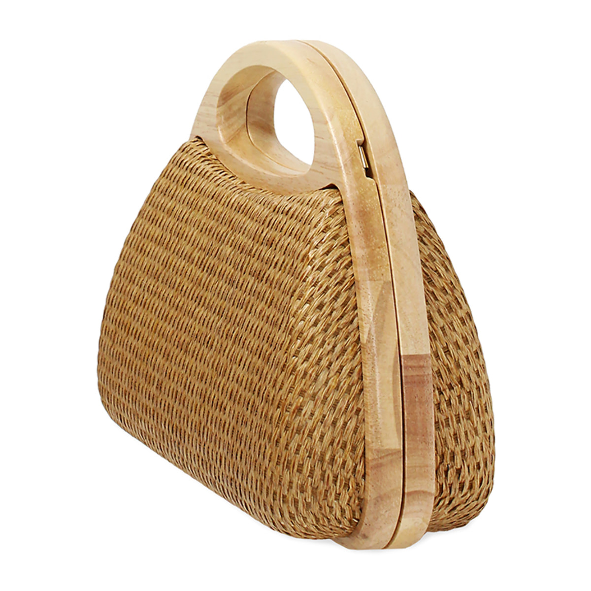 Mini bag donna camel in raffia con manico in legno