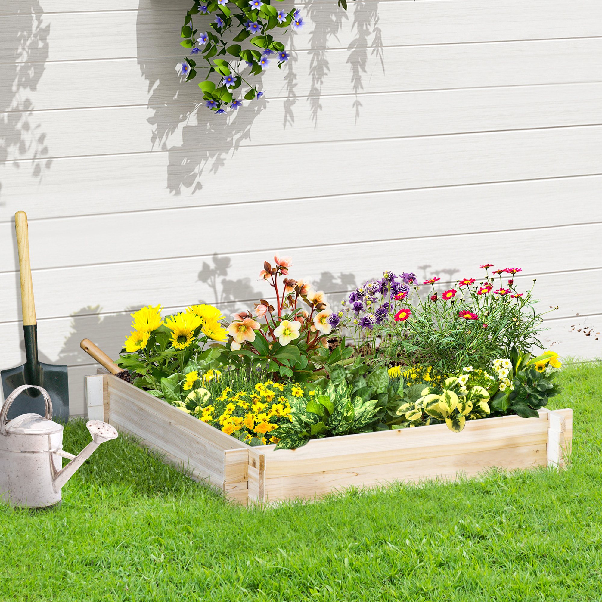 Arriate de Madera de Jardín Cuadrado Suelo de Huerto Urbano Jardinera Macetero para Cultivos Plantas Flores Hierbas Terraza 100x100x16 cm Natural