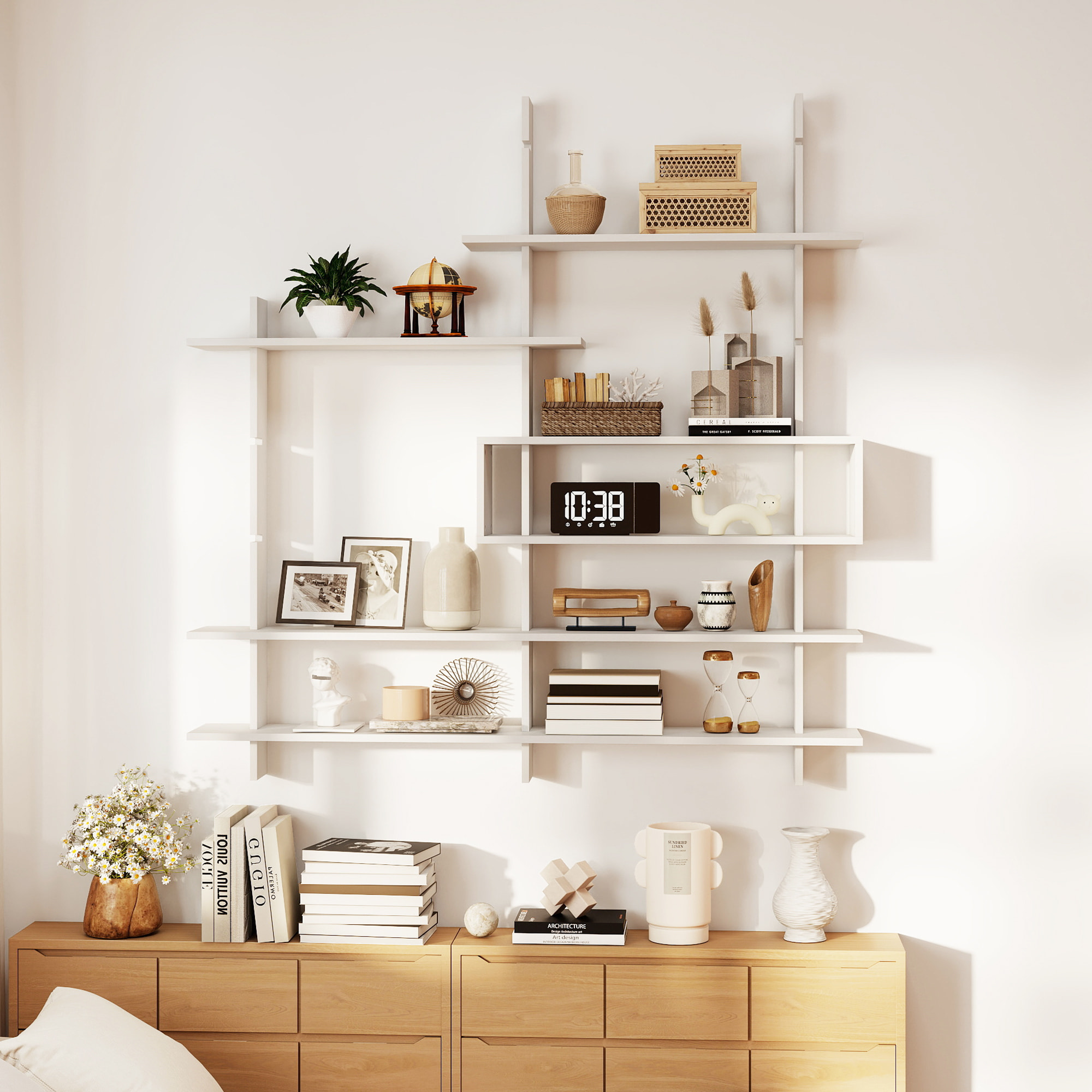 HOMCOM Estantería de Pared, Librería Geométrica con 4 Estantes y Compartimento Central Rectangular, Estantes Decorativos para Salón o Dormitorio, Blanco