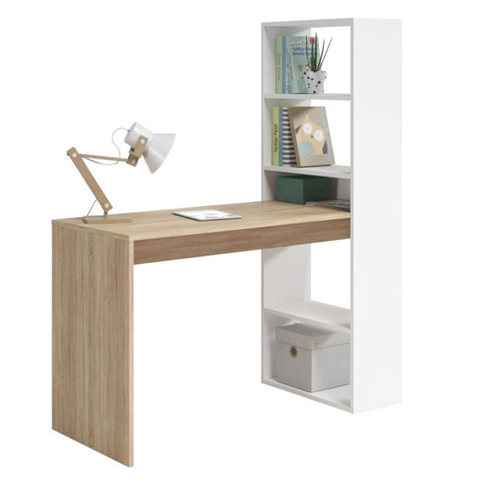 Mesa de escritorio con estantería Duplo Blanco Artik (Blanco Mate) - Roble Canadian