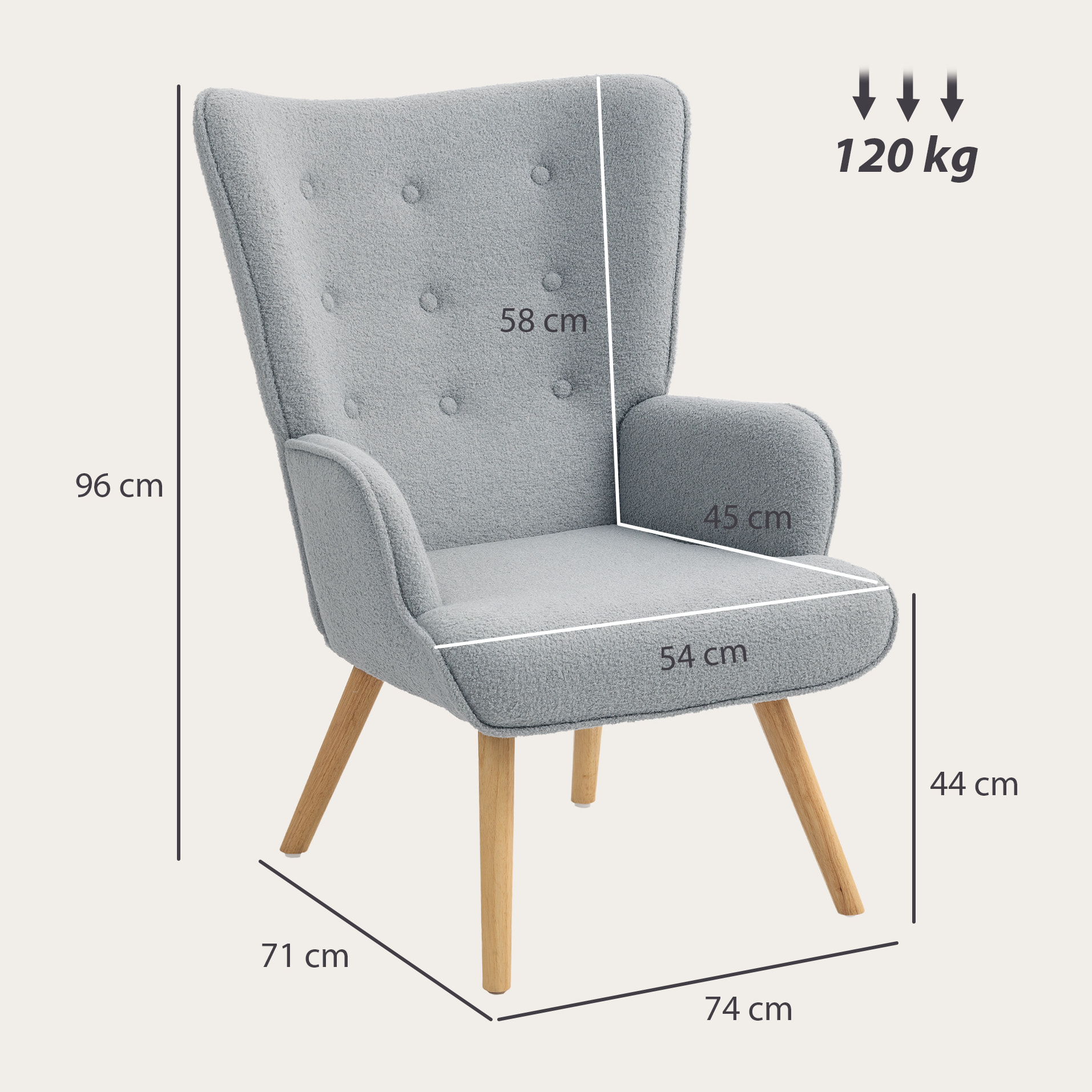 Fauteuil à oreilles style nordique piètement bois effet laine bouclée gris