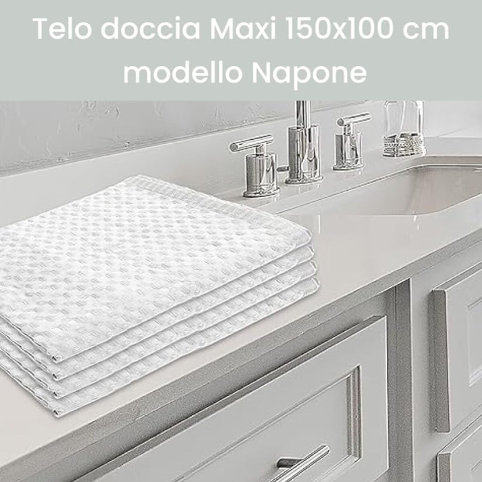 Telo doccia maxi in cotone spugna assorbente e morbido, asciugamano bagno grande e avvolgente, elevata capacità di assorbenza 300 gr/mq, ideale per doccia e bagno, confortevole sulla pelle, resistente ai lavaggi, dimensioni 150x100 cm
