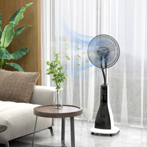 Ventilador Nebulizador Ventilador de Pie con Agua Oscilante 90 W Temporizador Tanque 3L Mando a Distancia 3 Velocidades 5 Aspas y Pantalla LED Ø44,5 cm Blanco y Negro