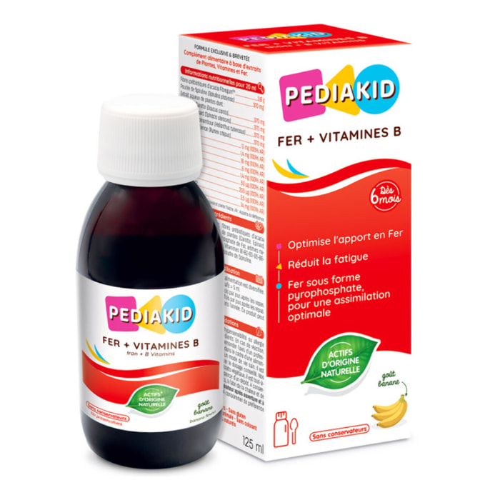 PEDIAKID - Sirop Fer + Vitamines B - Complément Alimentaire Naturel - Formule Exclusive au Sirop d'Agave - Optimise les Apports en Fer - Contribue à Réduire la Fatigue - Goût Banane - Flacon 125 ml