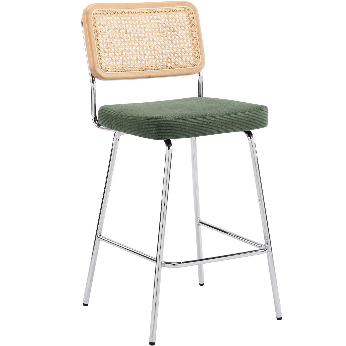 Lot de 2 chaises de bar en cannage et velours côtelé, piètement chromé - MUSE