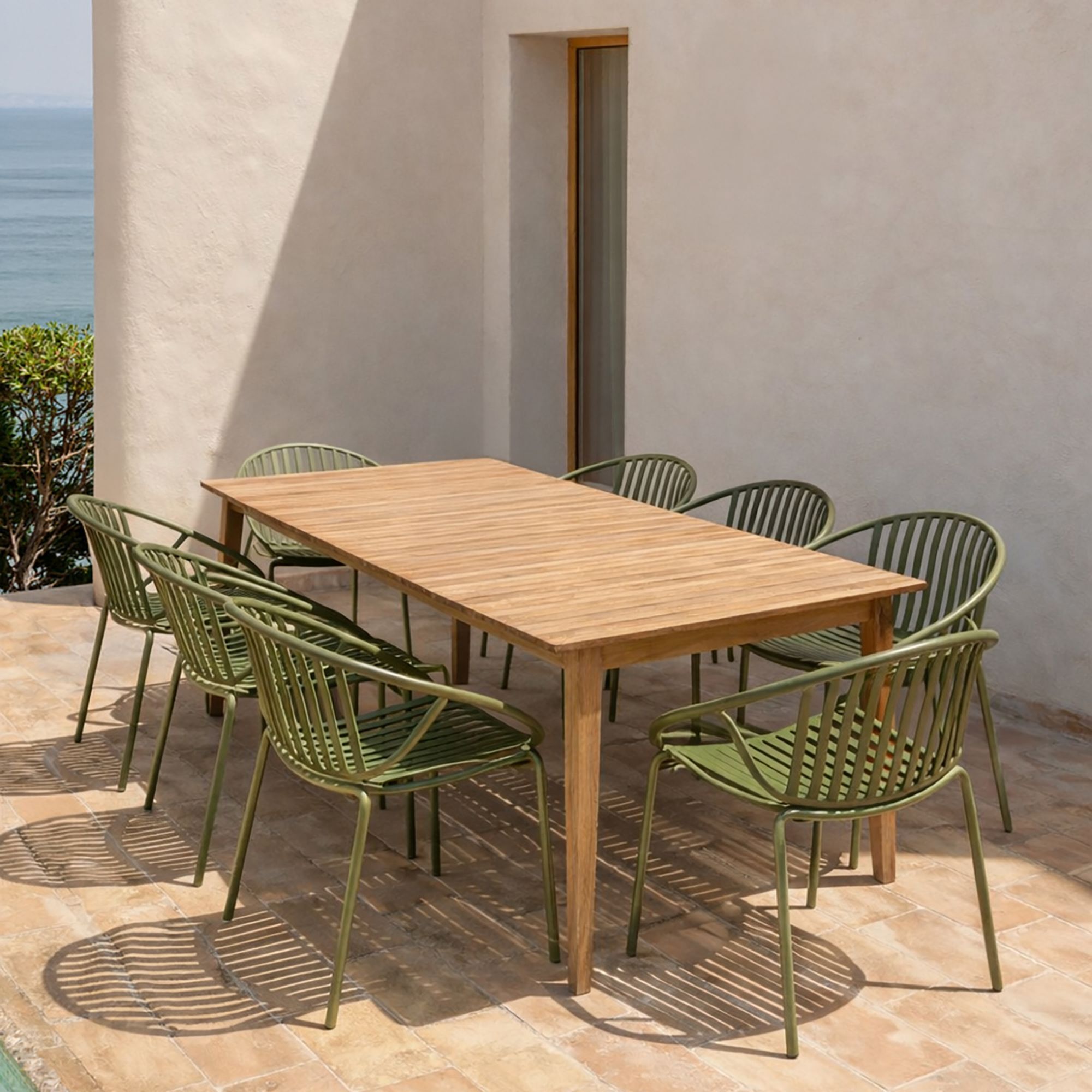 Ensemble de jardin table en bois d'acacia et 8 fauteuils vert CALYPSO