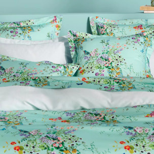 Taie d'oreiller satin de coton 115 g/m² imprimé bleu vert Le printemps azur