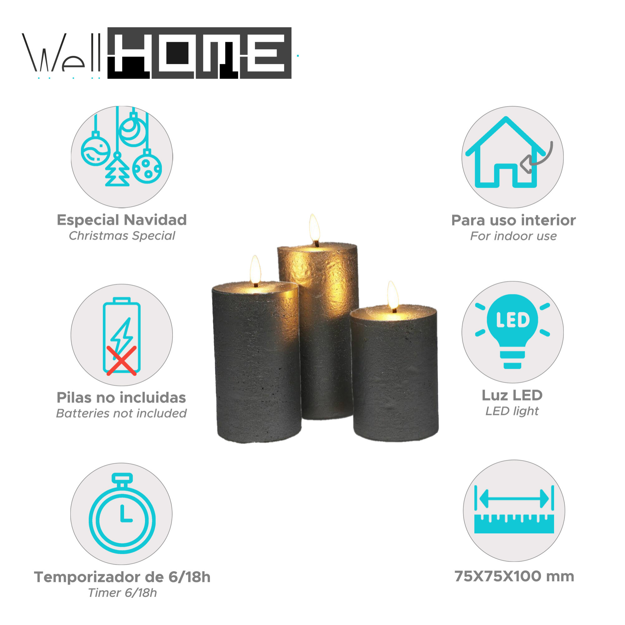 set de 3 velas led en color plata de superficie rústica