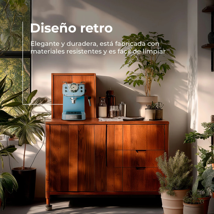 EVVO Cafetera Express Intensa Retro. 15 bares. cuerpo de acero. Espressos y Capuccinos. 950W. Doble salida. Portafiltros. Depósito de 1.5 l. calentamiento rápido