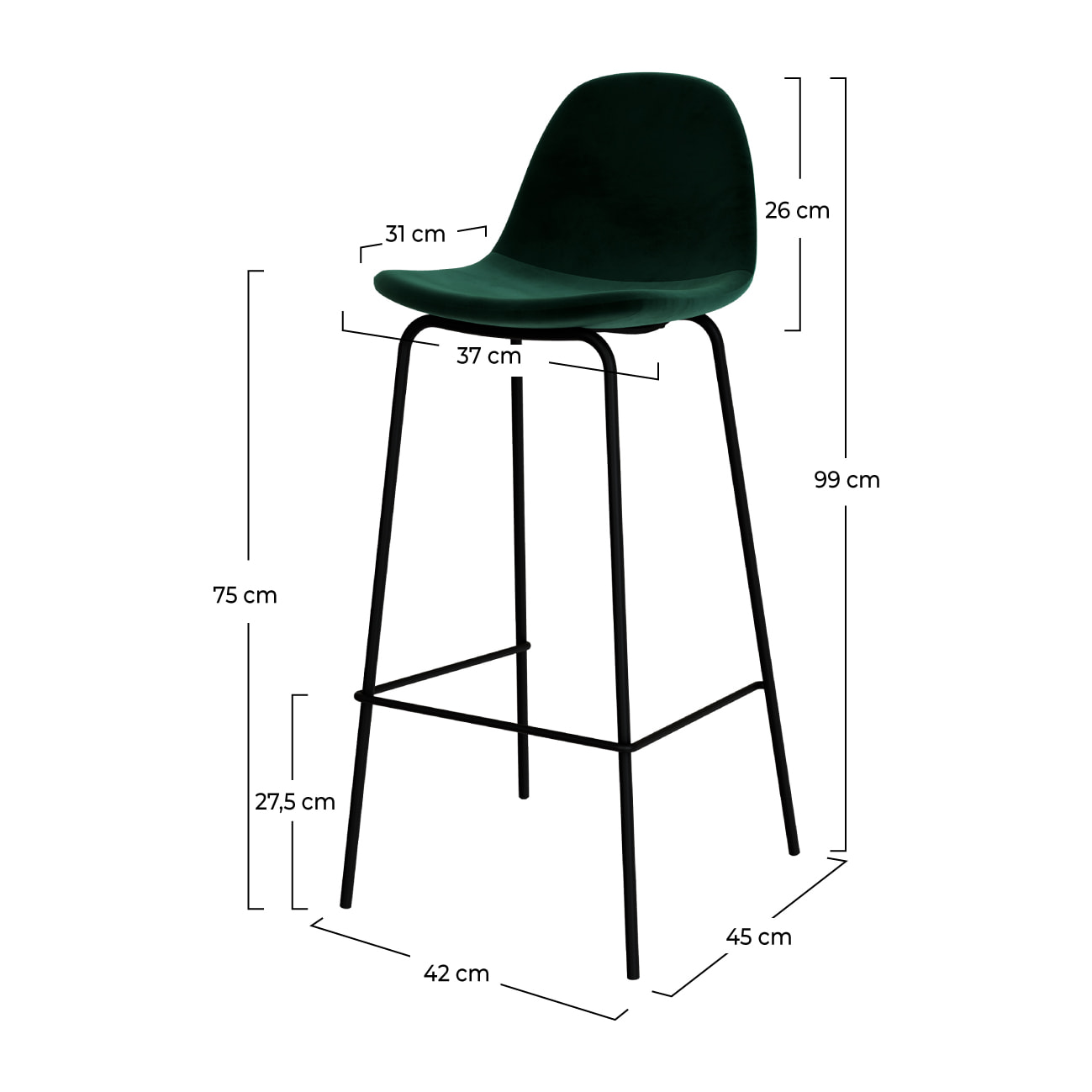 Lot de 2 chaises de bar en velours vert foncé 75 cm - Henrik