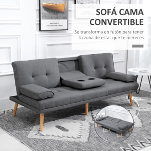 Sofá Cama 3 Plazas Sofá Cama Plegable con Respaldo Ajustable de 3 Niveles Reposabrazos Desmontable y 2 Soportes para Vasos 181x77x78 cm Gris Oscuro