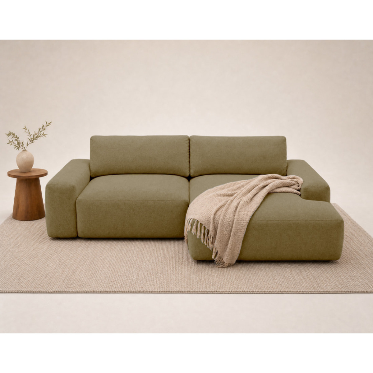 Tama - Canapé d'angle droit 4 places convertible avec coffre en tissu - Vert